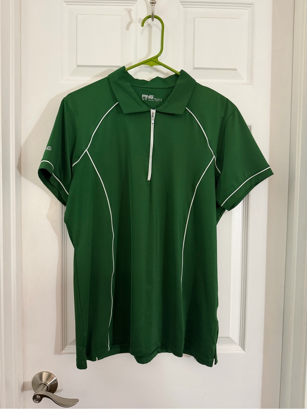 PING women’s Dark Green Short-Sleeve Half-Zip Polo golf shirt with White Piping